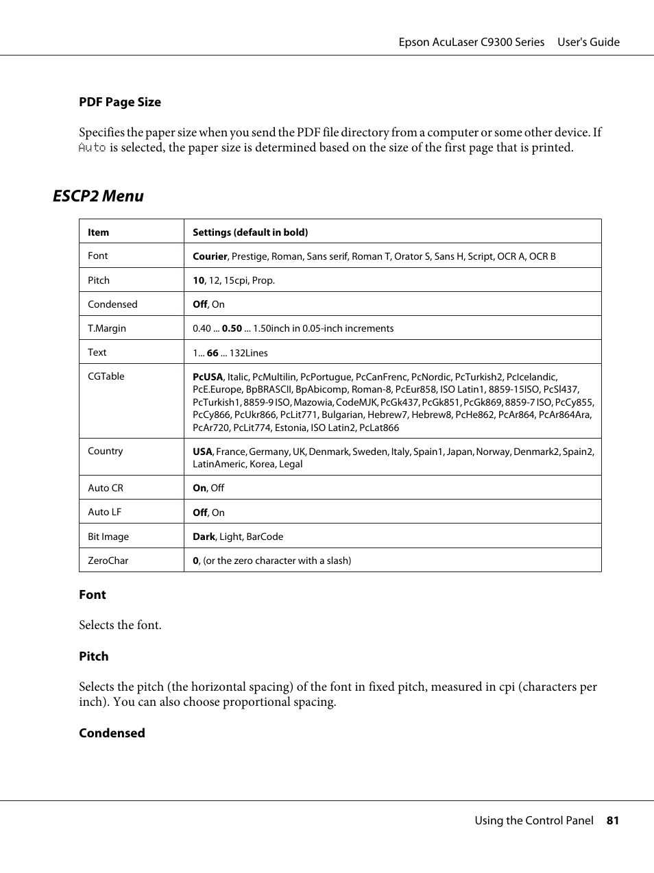 Escp2 menu | Epson AcuLaser C9300 User Manual | Page 81 / 210