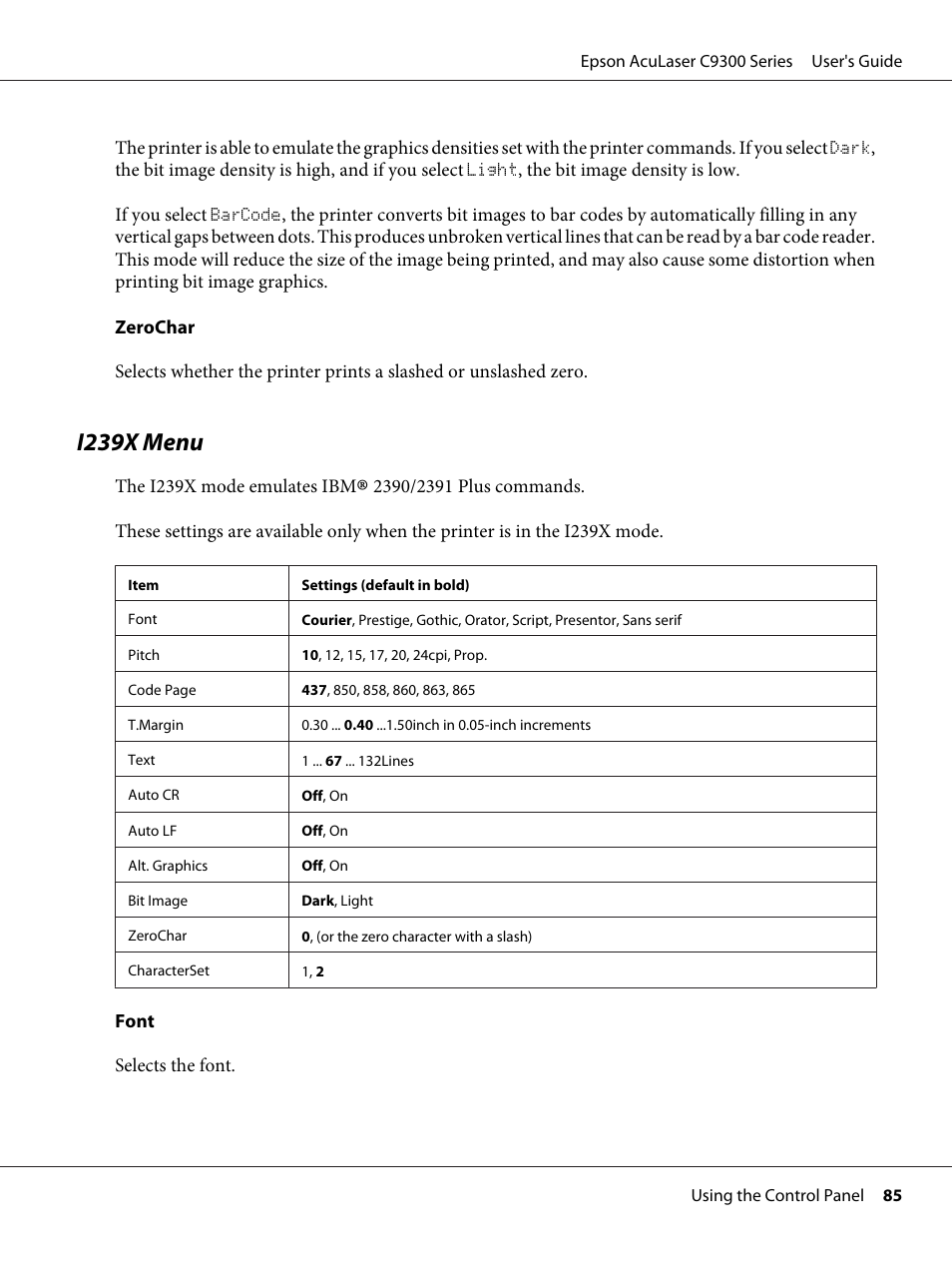 I239x menu | Epson AcuLaser C9300 User Manual | Page 85 / 210