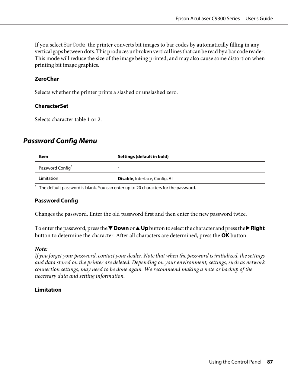 Password config menu | Epson AcuLaser C9300 User Manual | Page 87 / 210