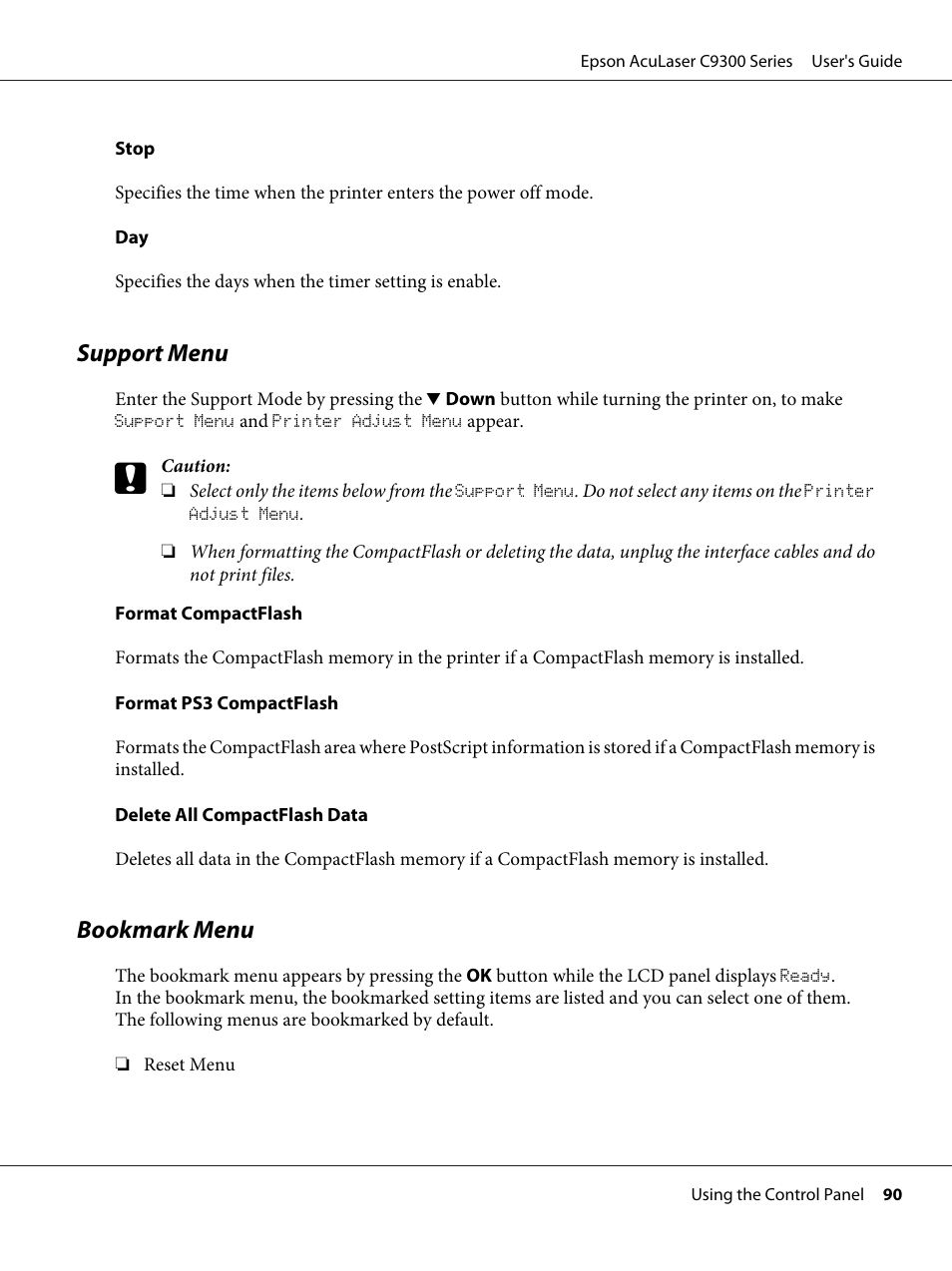 Support menu, Bookmark menu, Support menu bookmark menu | Epson AcuLaser C9300 User Manual | Page 90 / 210