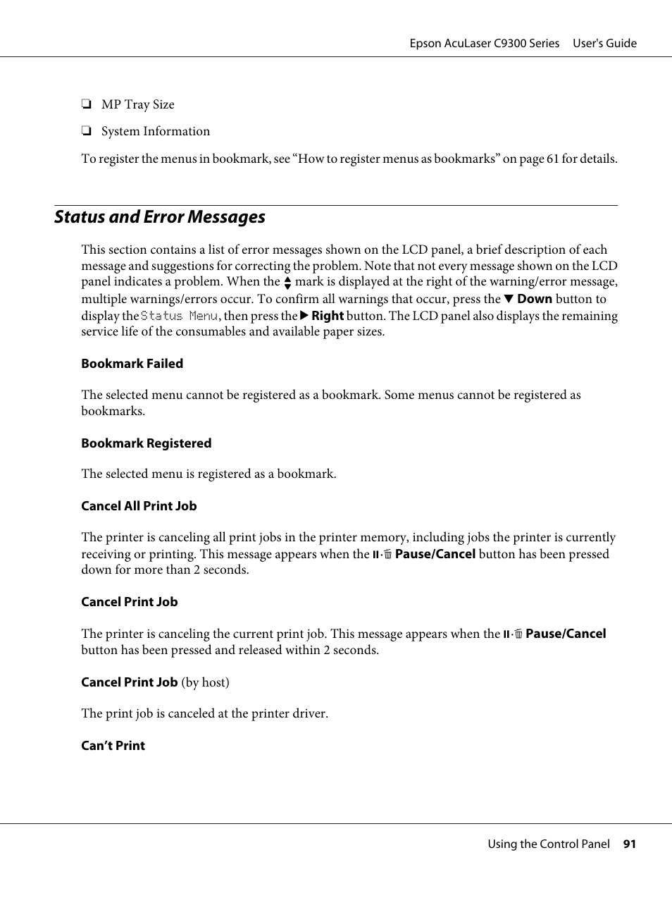 Status and error messages | Epson AcuLaser C9300 User Manual | Page 91 / 210