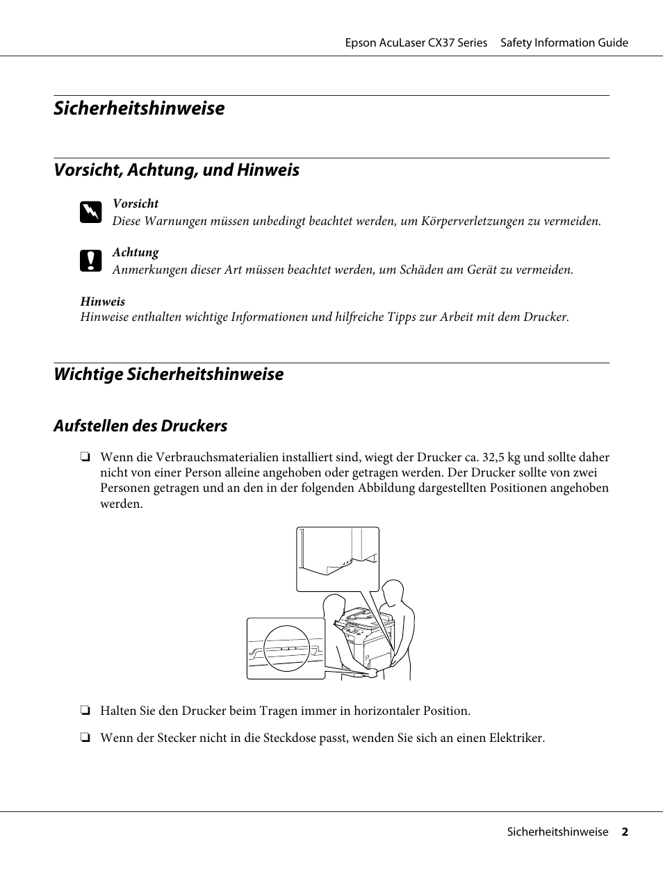 Deutsch, Vorsicht, achtung, und hinweis, Wichtige sicherheitshinweise | Sicherheitshinweise | Epson AcuLaser CX37DNF User Manual | Page 10 / 225