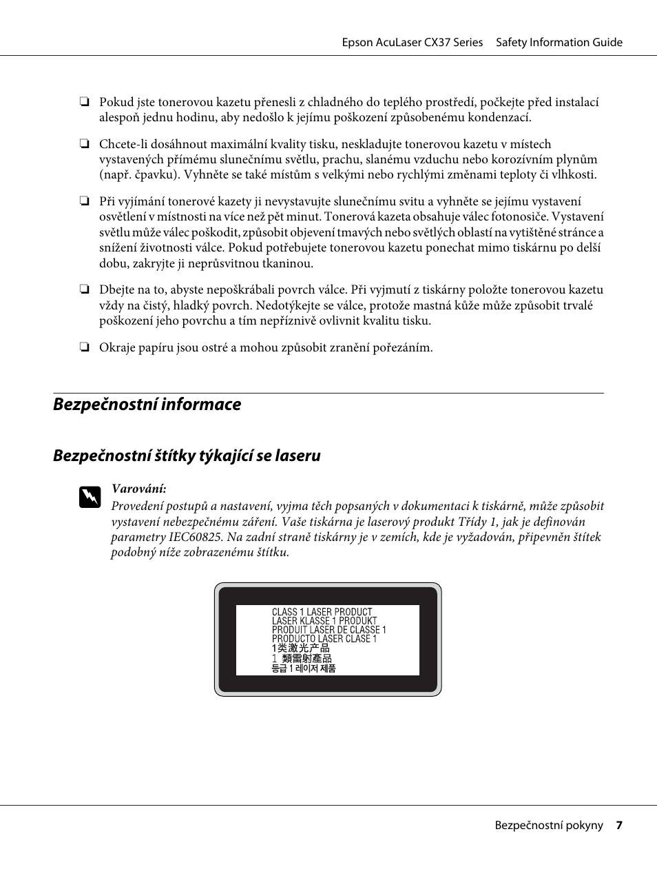 Bezpečnostní informace | Epson AcuLaser CX37DNF User Manual | Page 102 / 225