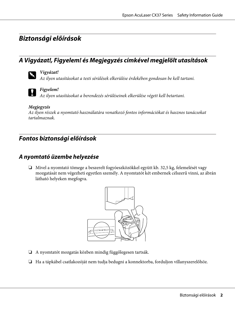 Magyar, Fontos biztonsági előírások, Biztonsági előírások | Epson AcuLaser CX37DNF User Manual | Page 105 / 225