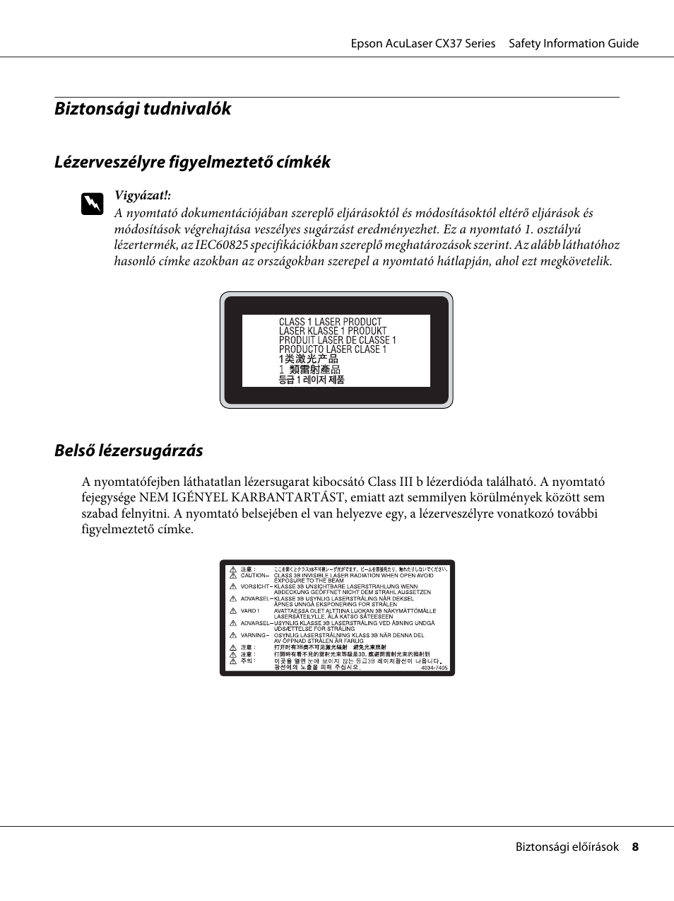 Biztonsági tudnivalók | Epson AcuLaser CX37DNF User Manual | Page 111 / 225