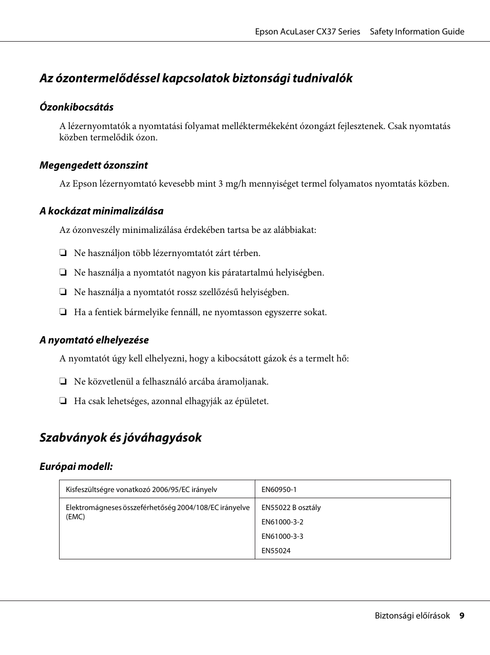 Szabványok és jóváhagyások | Epson AcuLaser CX37DNF User Manual | Page 112 / 225