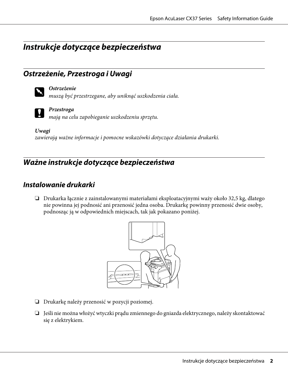 Polski, Ostrzeżenie, przestroga i uwagi, Ważne instrukcje dotyczące bezpieczeństwa | Instrukcje dotyczące bezpieczeństwa | Epson AcuLaser CX37DNF User Manual | Page 114 / 225