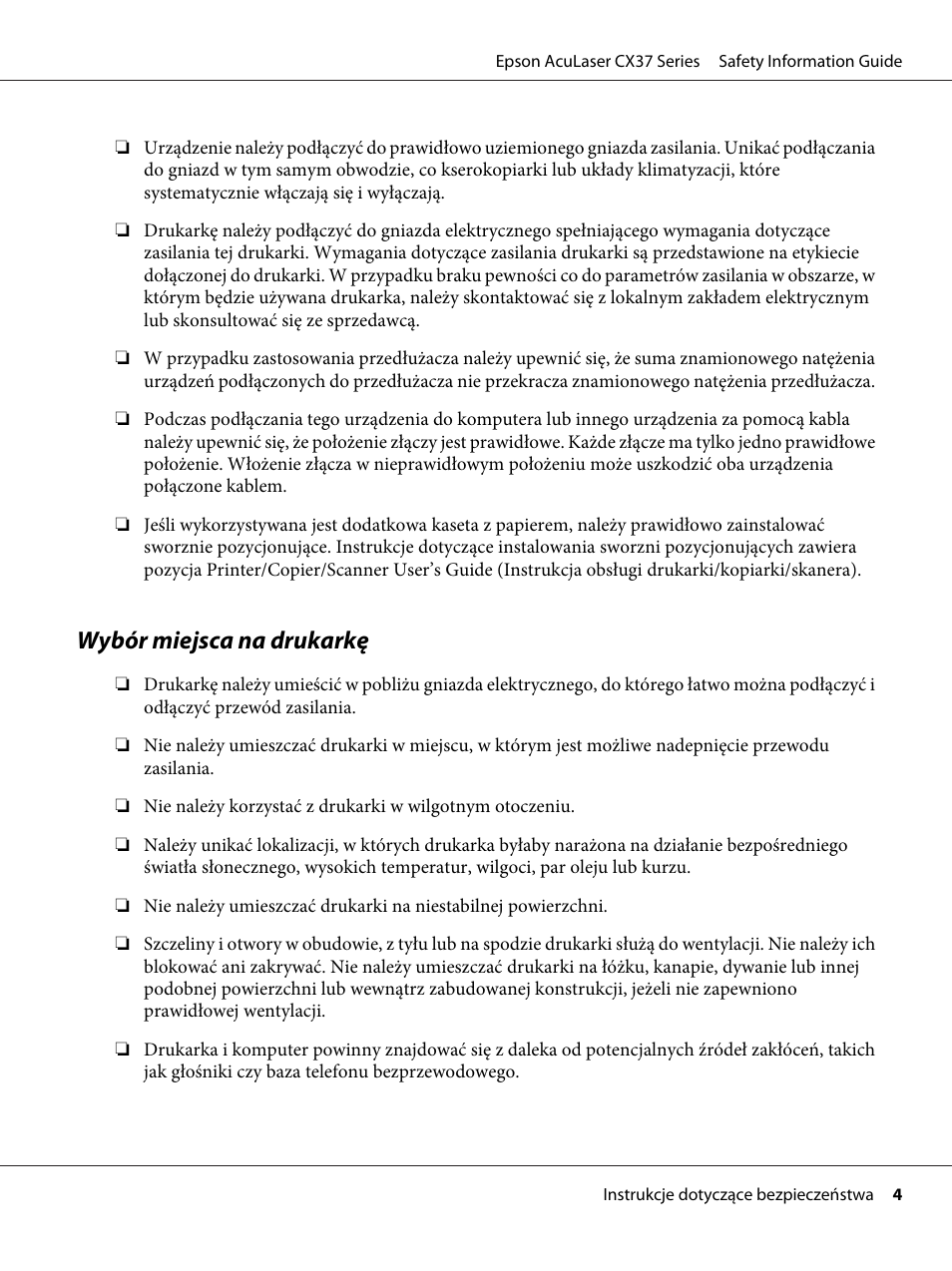 Wybór miejsca na drukarkę | Epson AcuLaser CX37DNF User Manual | Page 116 / 225