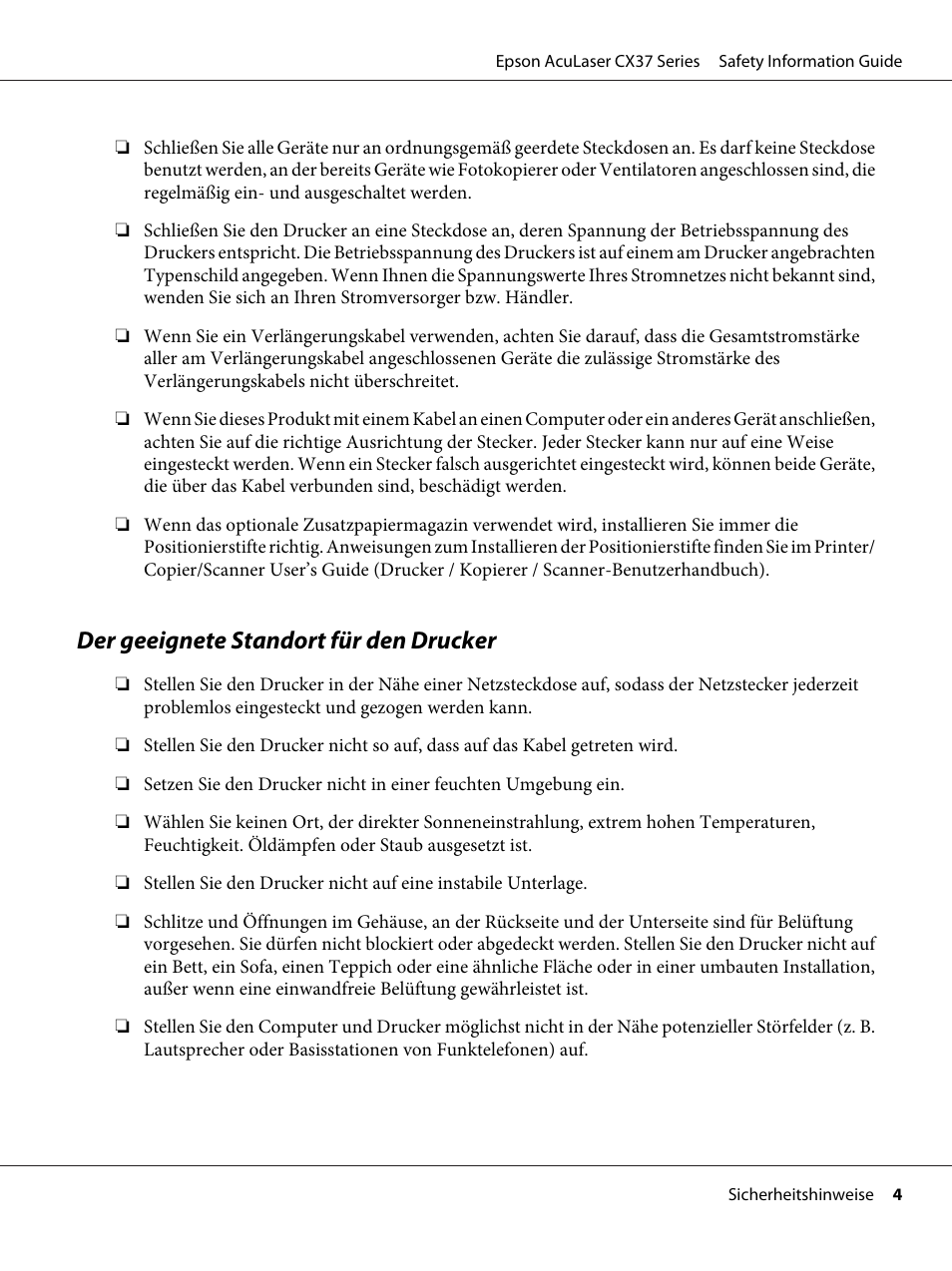 Der geeignete standort für den drucker | Epson AcuLaser CX37DNF User Manual | Page 12 / 225