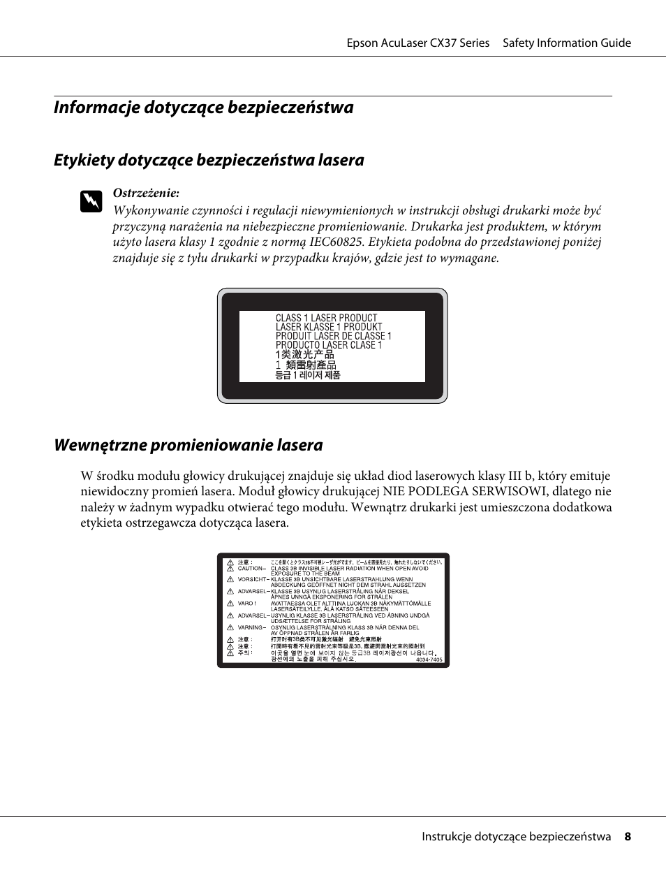 Informacje dotyczące bezpieczeństwa | Epson AcuLaser CX37DNF User Manual | Page 120 / 225