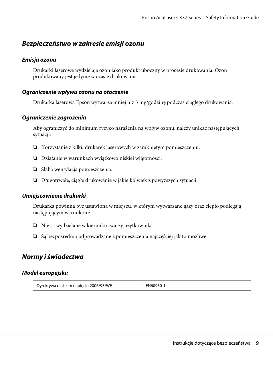 Bezpieczeństwo w zakresie emisji ozonu, Normy i świadectwa | Epson AcuLaser CX37DNF User Manual | Page 121 / 225