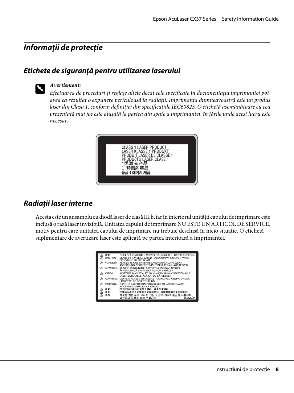 Informaţii de protecţie | Epson AcuLaser CX37DNF User Manual | Page 129 / 225