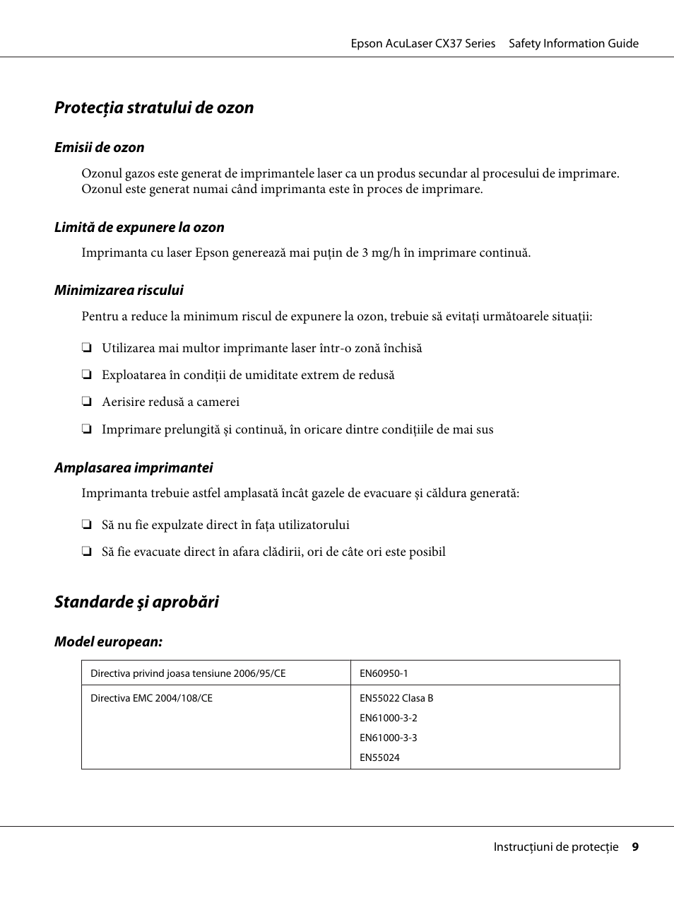 Protecţia stratului de ozon, Standarde şi aprobări | Epson AcuLaser CX37DNF User Manual | Page 130 / 225