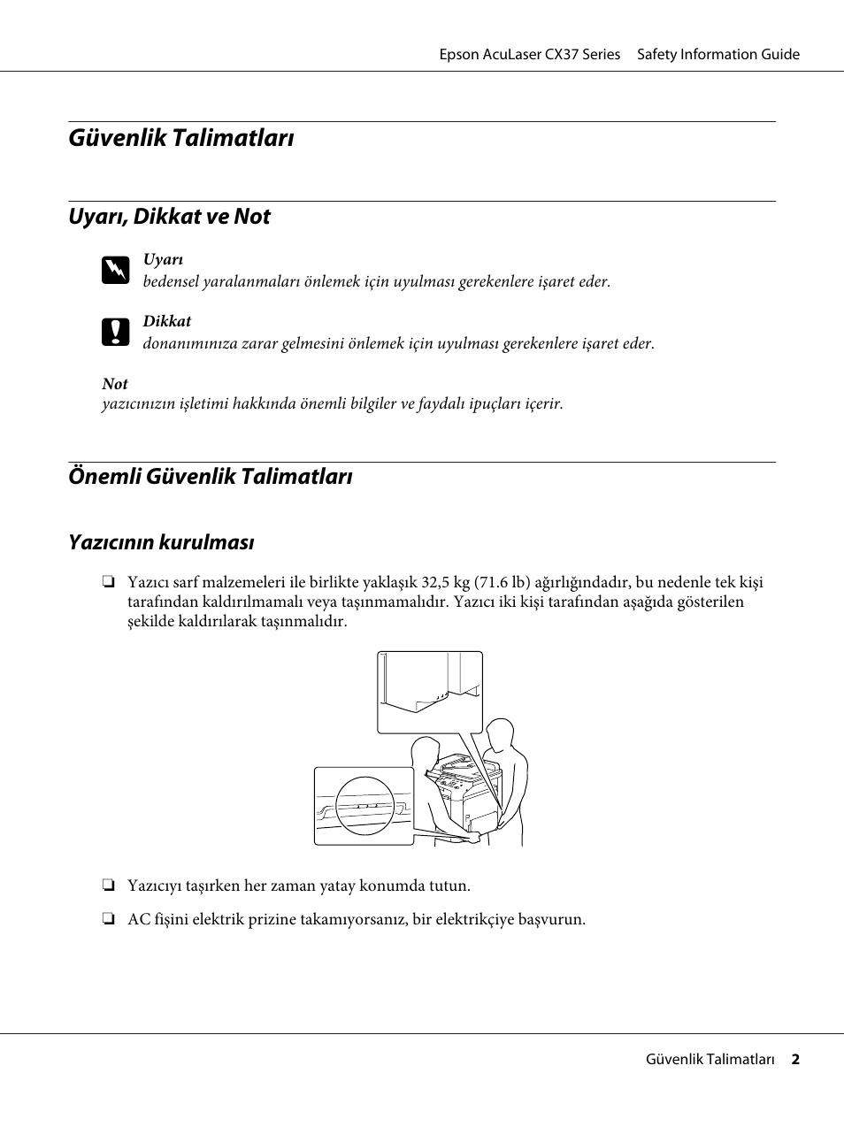 Türkçe, Uyarı, dikkat ve not, Önemli güvenlik talimatları | Güvenlik talimatları | Epson AcuLaser CX37DNF User Manual | Page 141 / 225