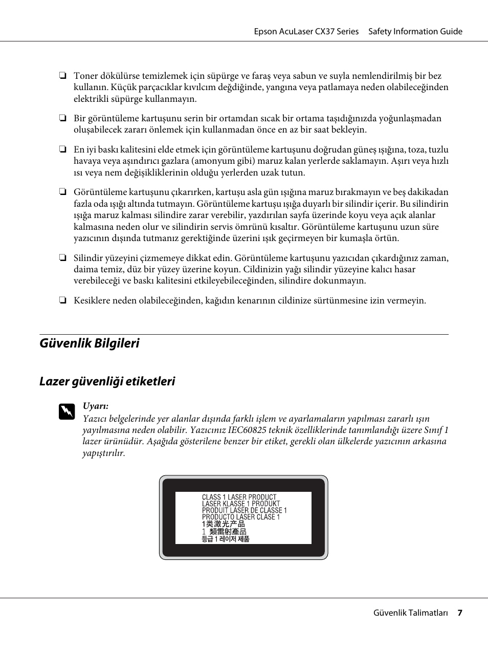 Güvenlik bilgileri | Epson AcuLaser CX37DNF User Manual | Page 146 / 225