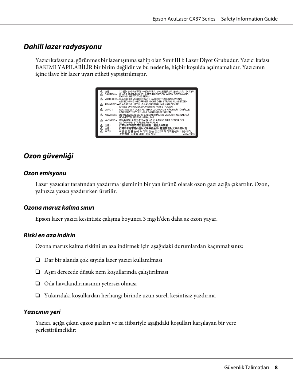 Dahili lazer radyasyonu, Ozon güvenliği | Epson AcuLaser CX37DNF User Manual | Page 147 / 225