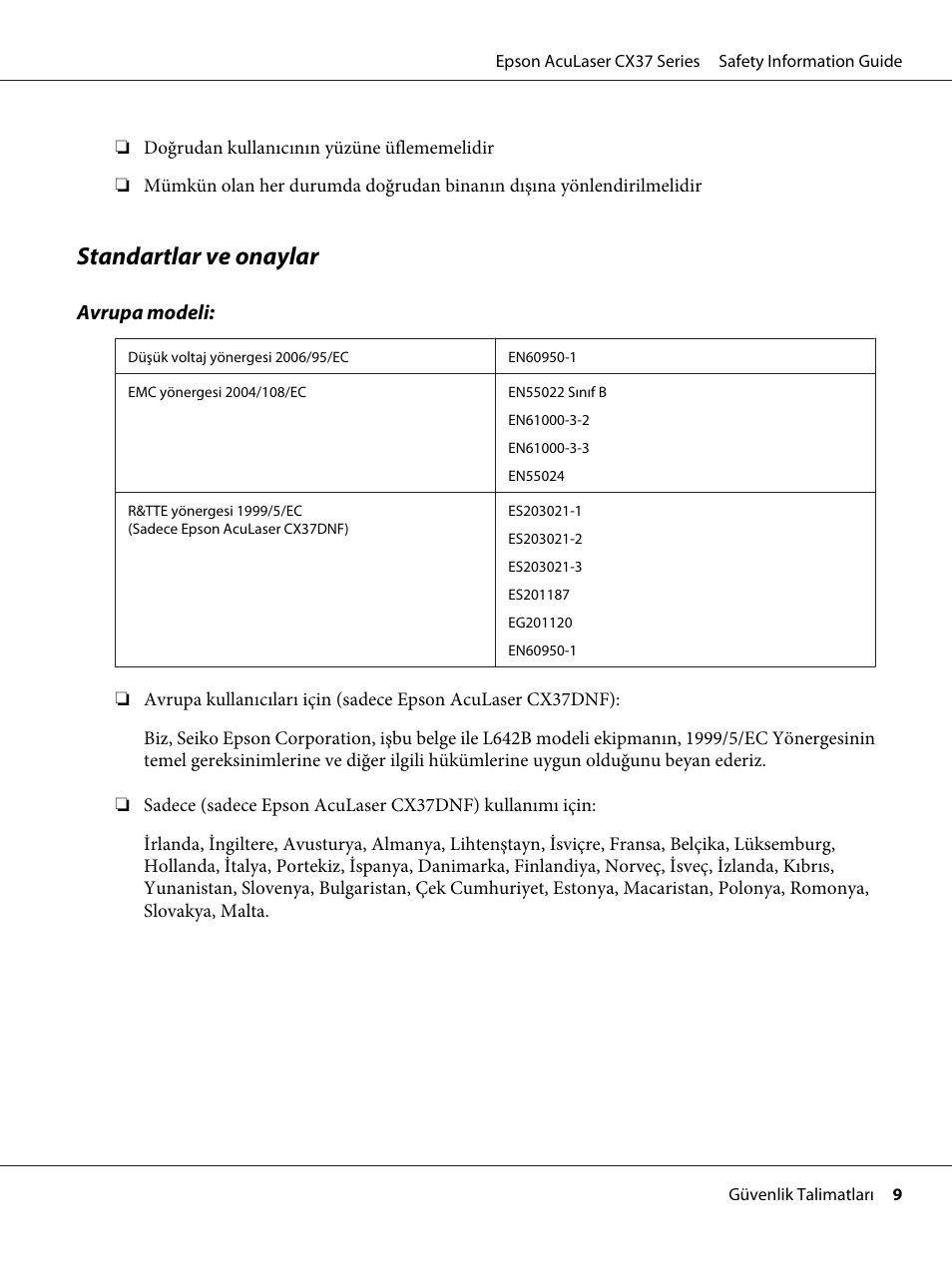 Standartlar ve onaylar | Epson AcuLaser CX37DNF User Manual | Page 148 / 225