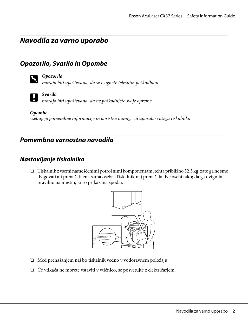 Slovenščina, Opozorilo, svarilo in opombe, Pomembna varnostna navodila | Navodila za varno uporabo | Epson AcuLaser CX37DNF User Manual | Page 149 / 225