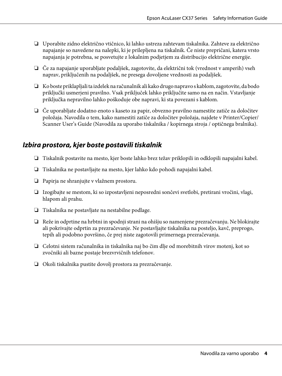 Izbira prostora, kjer boste postavili tiskalnik | Epson AcuLaser CX37DNF User Manual | Page 151 / 225