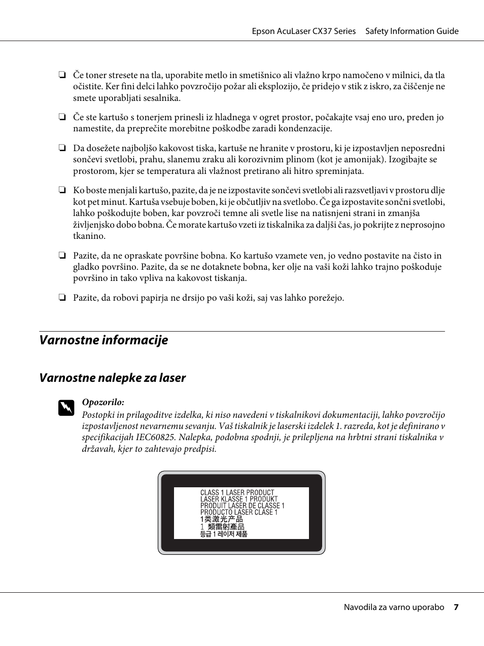 Varnostne informacije | Epson AcuLaser CX37DNF User Manual | Page 154 / 225