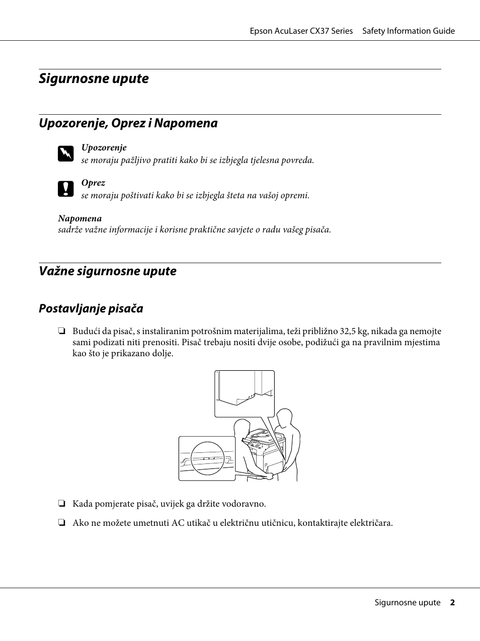 Hrvatski, Upozorenje, oprez i napomena, Važne sigurnosne upute | Sigurnosne upute | Epson AcuLaser CX37DNF User Manual | Page 157 / 225