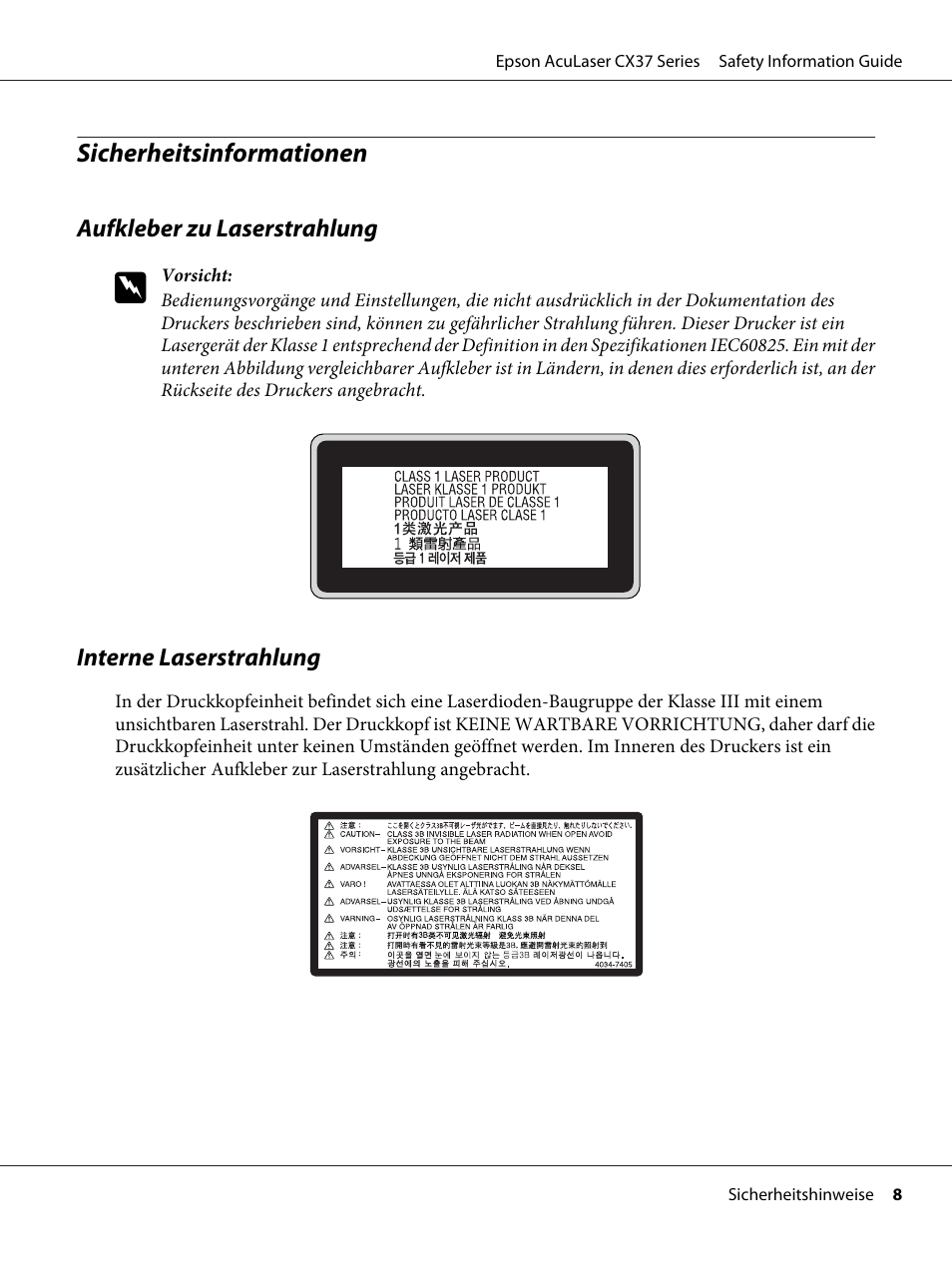 Sicherheitsinformationen | Epson AcuLaser CX37DNF User Manual | Page 16 / 225