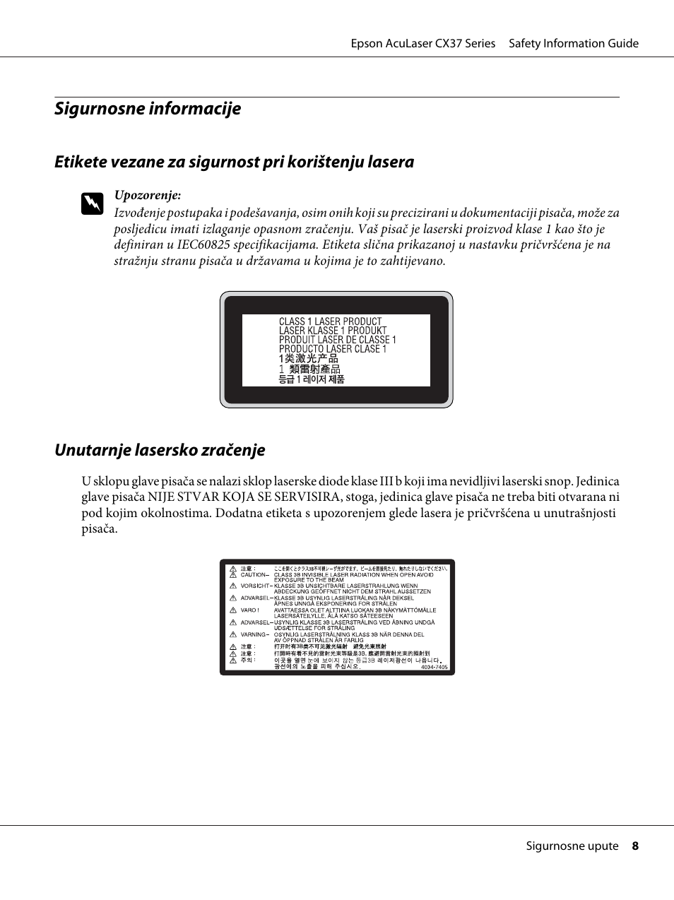 Sigurnosne informacije | Epson AcuLaser CX37DNF User Manual | Page 163 / 225