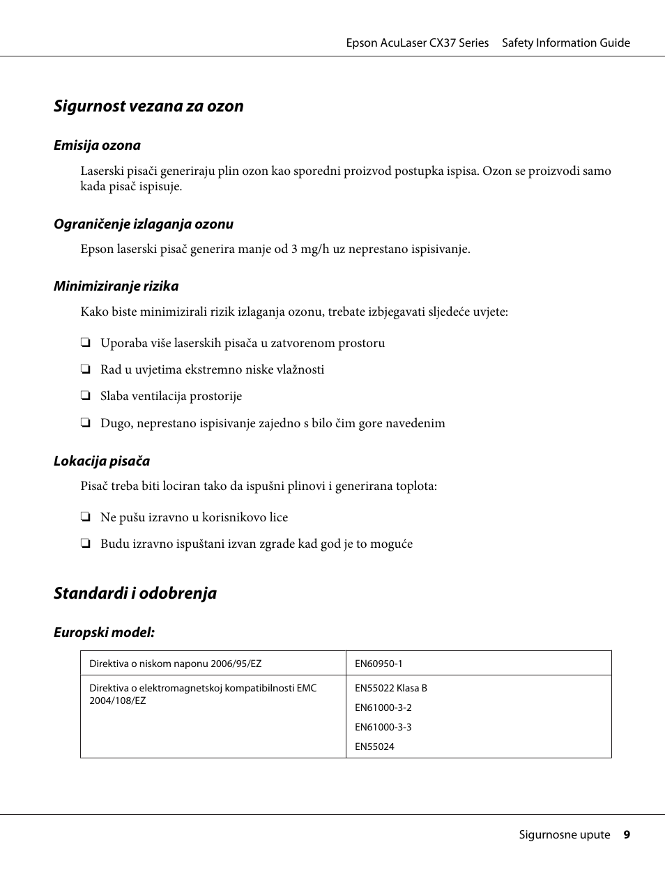 Sigurnost vezana za ozon, Standardi i odobrenja | Epson AcuLaser CX37DNF User Manual | Page 164 / 225