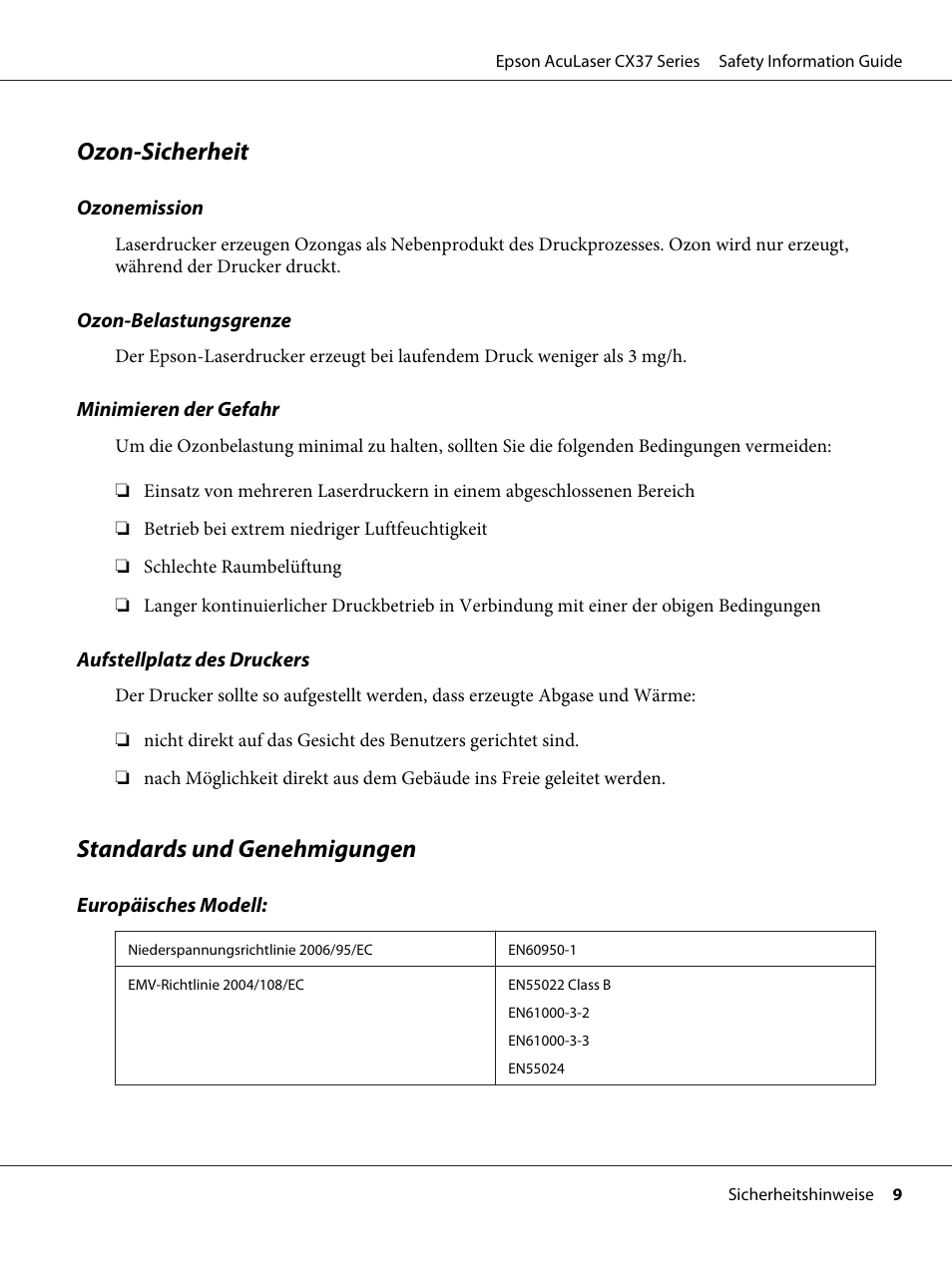 Ozon-sicherheit, Standards und genehmigungen | Epson AcuLaser CX37DNF User Manual | Page 17 / 225