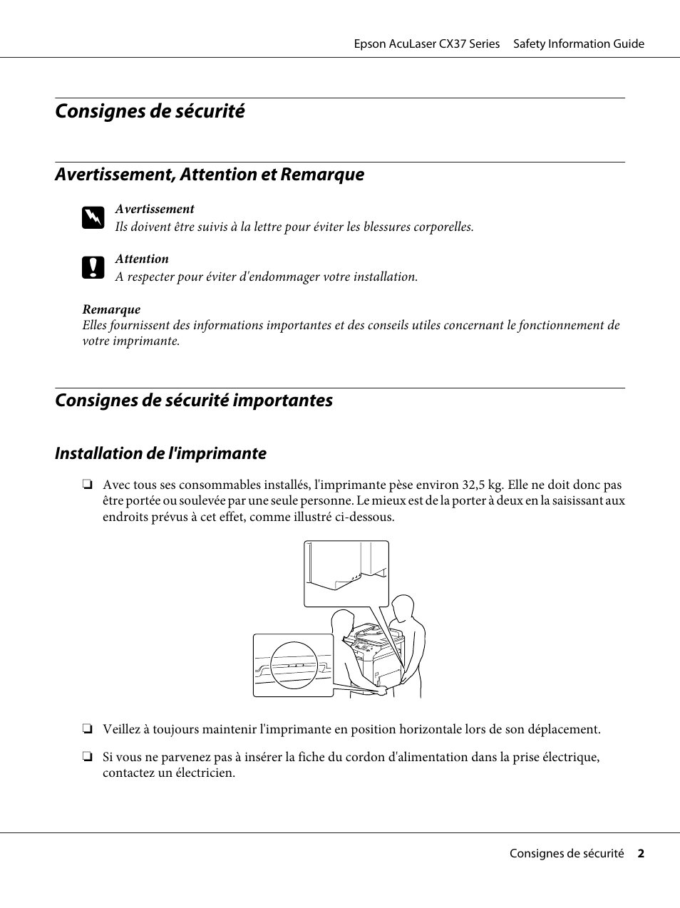 Français, Avertissement, attention et remarque, Consignes de sécurité importantes | Consignes de sécurité | Epson AcuLaser CX37DNF User Manual | Page 19 / 225