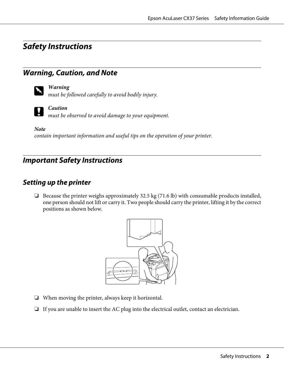 English, Warning, caution, and note, Important safety instructions | Safety instructions | Epson AcuLaser CX37DNF User Manual | Page 2 / 225