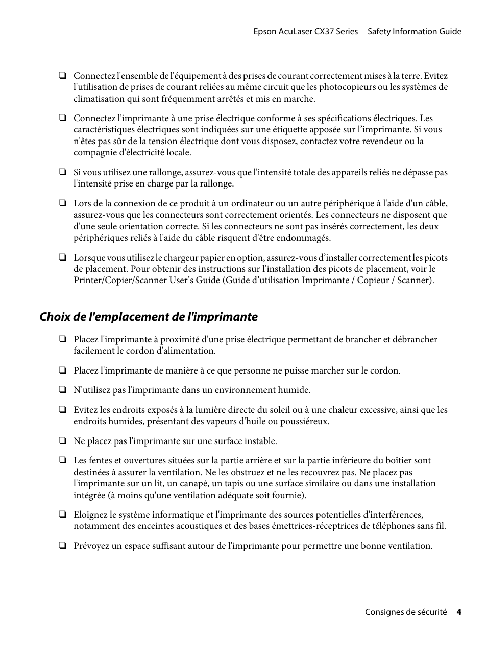 Choix de l'emplacement de l'imprimante | Epson AcuLaser CX37DNF User Manual | Page 21 / 225