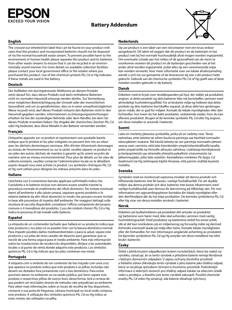 Battery addendum | Epson AcuLaser CX37DNF User Manual | Page 224 / 225