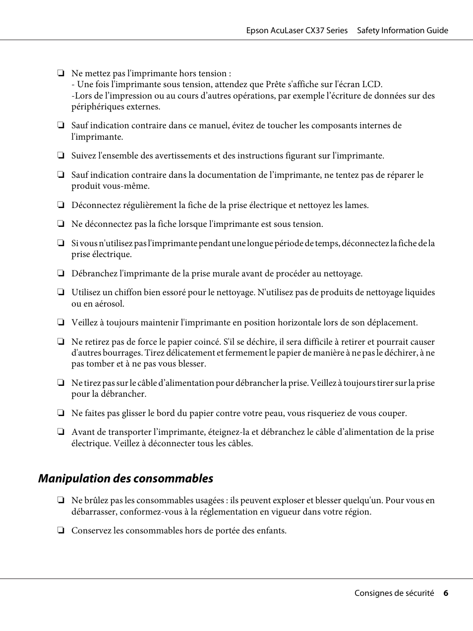 Manipulation des consommables | Epson AcuLaser CX37DNF User Manual | Page 23 / 225