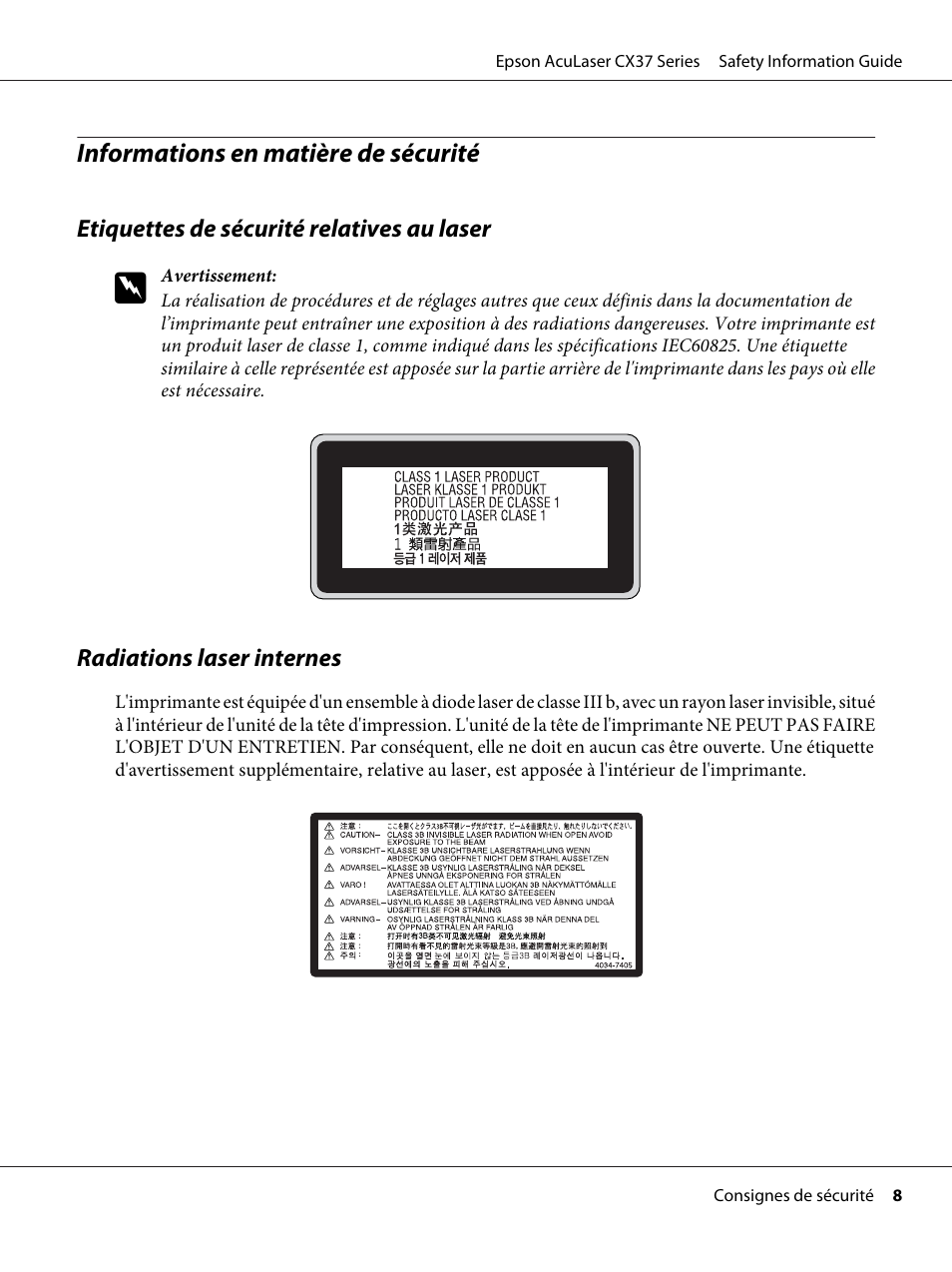 Informations en matière de sécurité | Epson AcuLaser CX37DNF User Manual | Page 25 / 225