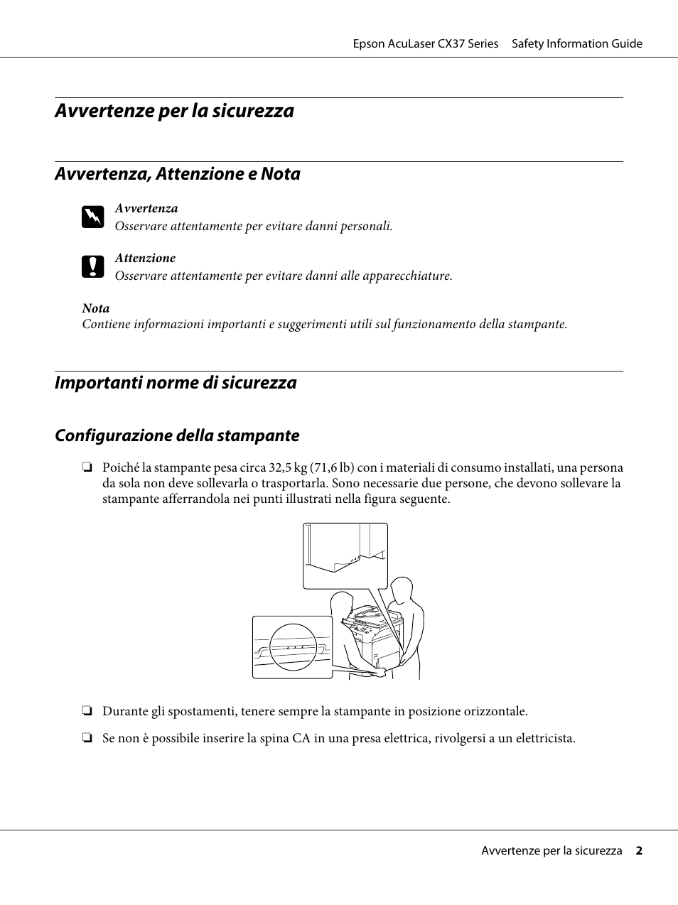 Italiano, Avvertenza, attenzione e nota, Importanti norme di sicurezza | Avvertenze per la sicurezza | Epson AcuLaser CX37DNF User Manual | Page 28 / 225