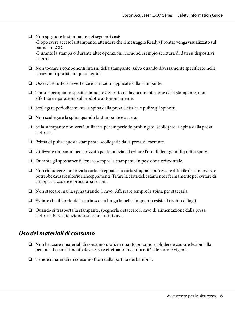 Uso dei materiali di consumo | Epson AcuLaser CX37DNF User Manual | Page 32 / 225