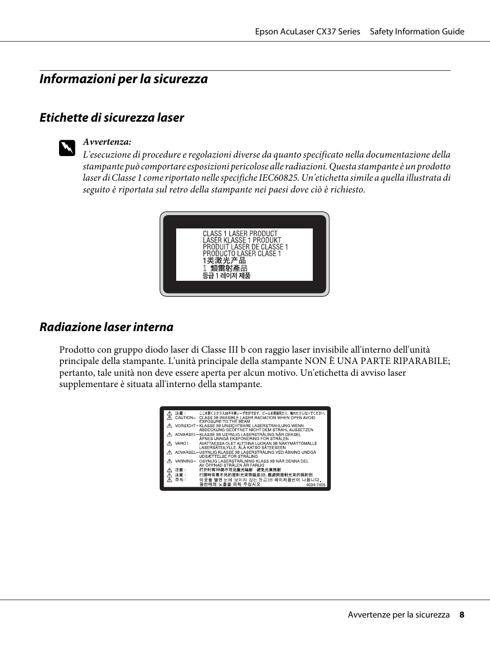 Informazioni per la sicurezza | Epson AcuLaser CX37DNF User Manual | Page 34 / 225