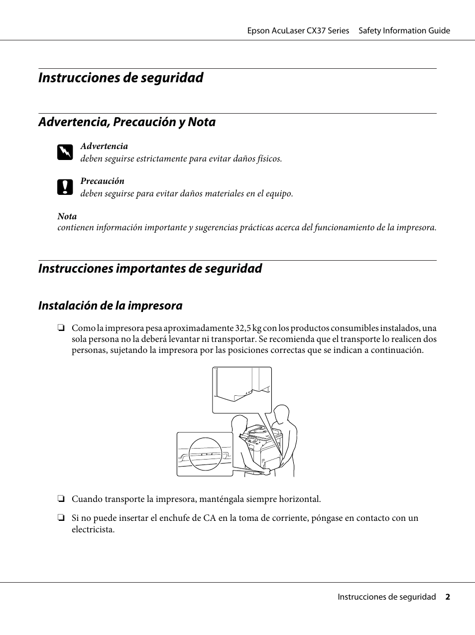 Español, Advertencia, precaución y nota, Instrucciones importantes de seguridad | Instrucciones de seguridad | Epson AcuLaser CX37DNF User Manual | Page 37 / 225