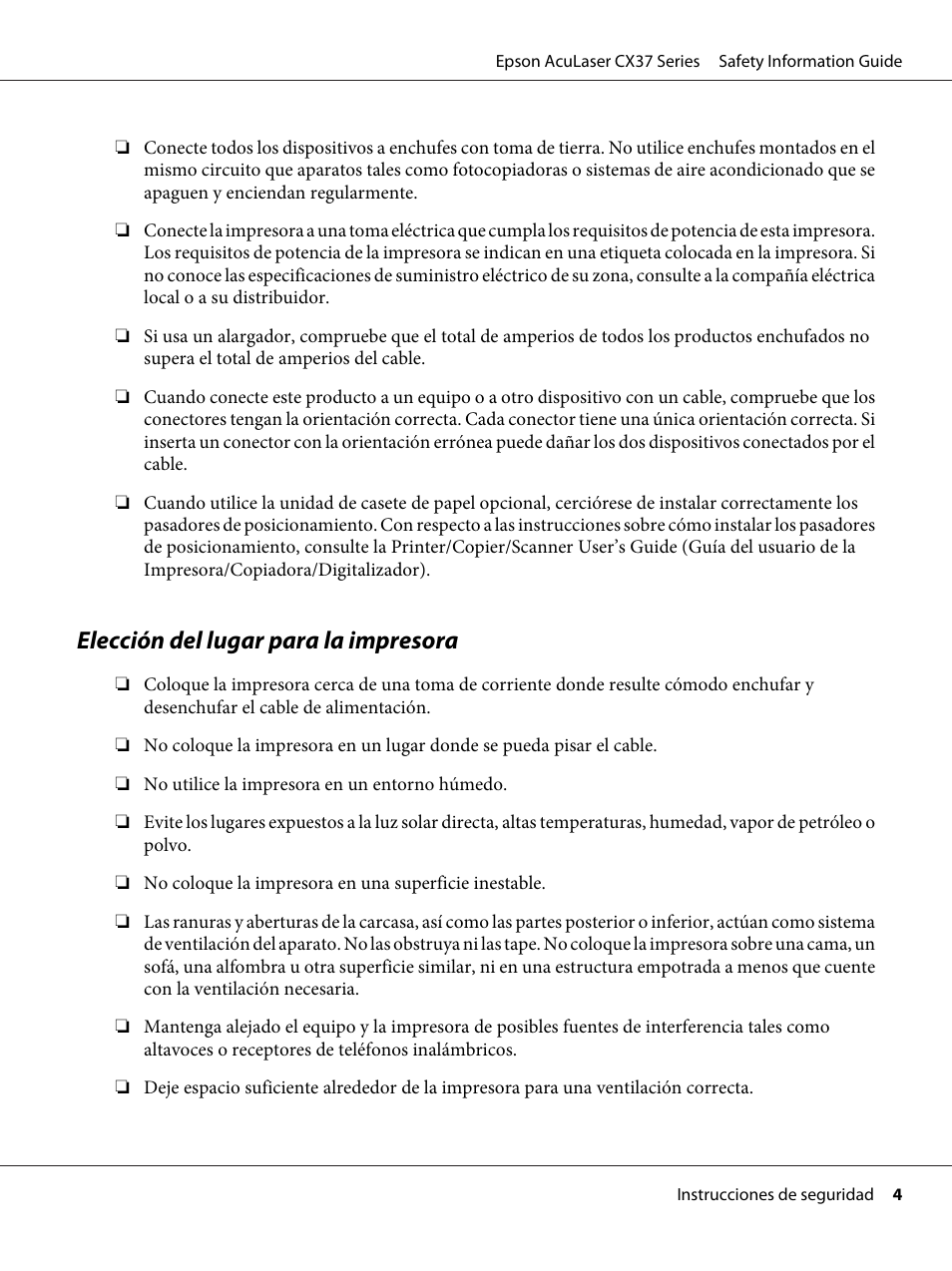 Elección del lugar para la impresora | Epson AcuLaser CX37DNF User Manual | Page 39 / 225