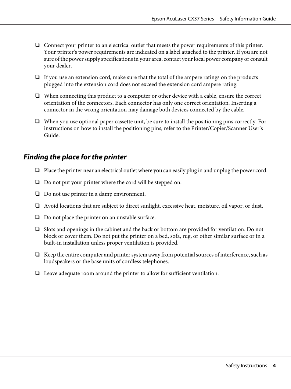 Finding the place for the printer | Epson AcuLaser CX37DNF User Manual | Page 4 / 225