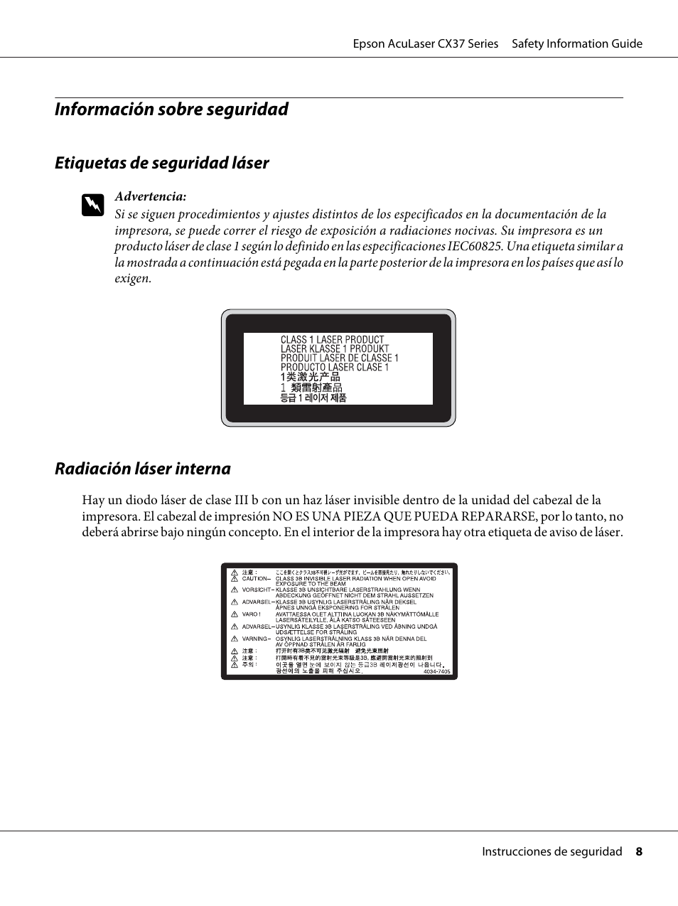 Información sobre seguridad | Epson AcuLaser CX37DNF User Manual | Page 43 / 225