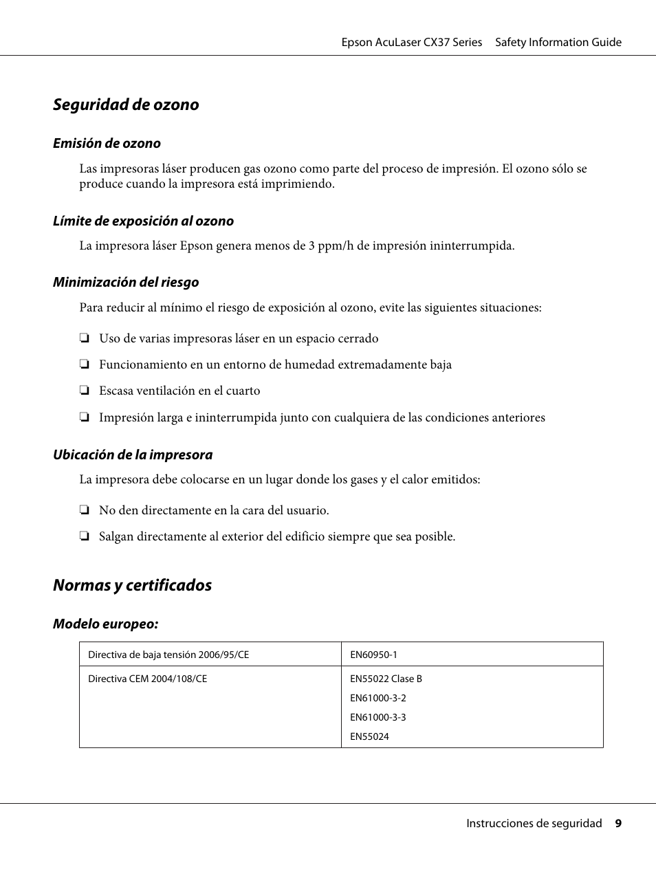 Seguridad de ozono, Normas y certificados | Epson AcuLaser CX37DNF User Manual | Page 44 / 225