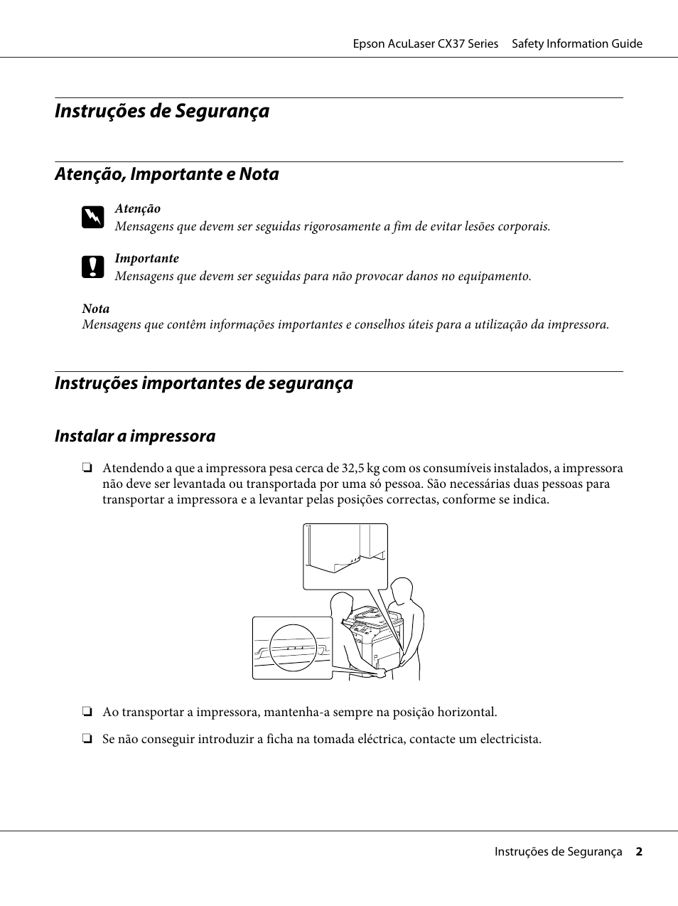 Português, Atenção, importante e nota, Instruções importantes de segurança | Instruções de segurança | Epson AcuLaser CX37DNF User Manual | Page 46 / 225