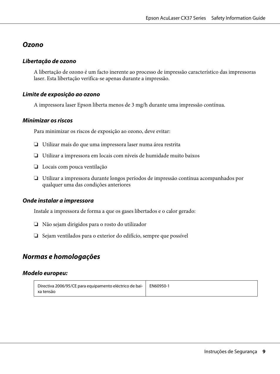Ozono, Normas e homologações | Epson AcuLaser CX37DNF User Manual | Page 53 / 225