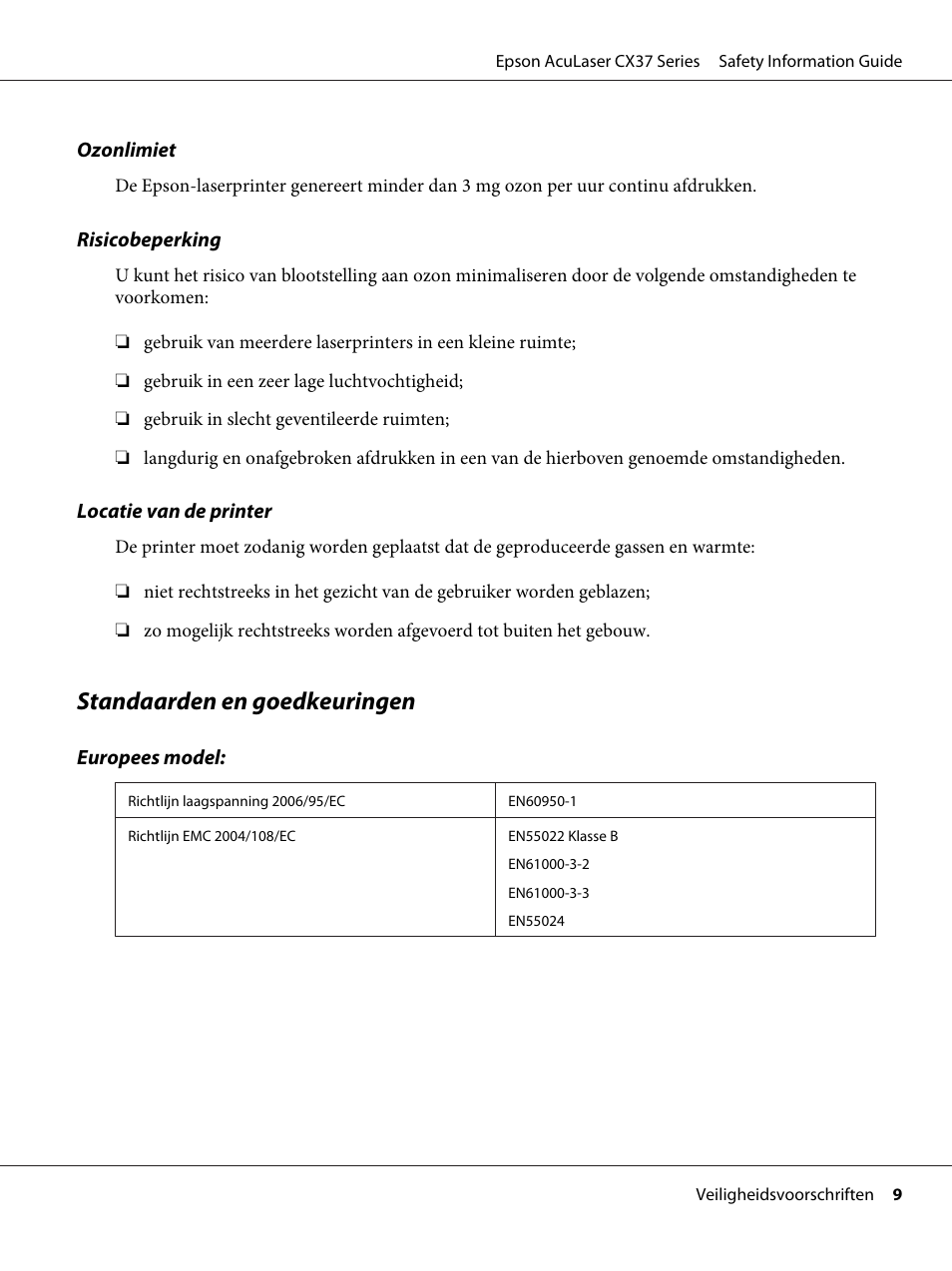 Standaarden en goedkeuringen | Epson AcuLaser CX37DNF User Manual | Page 62 / 225