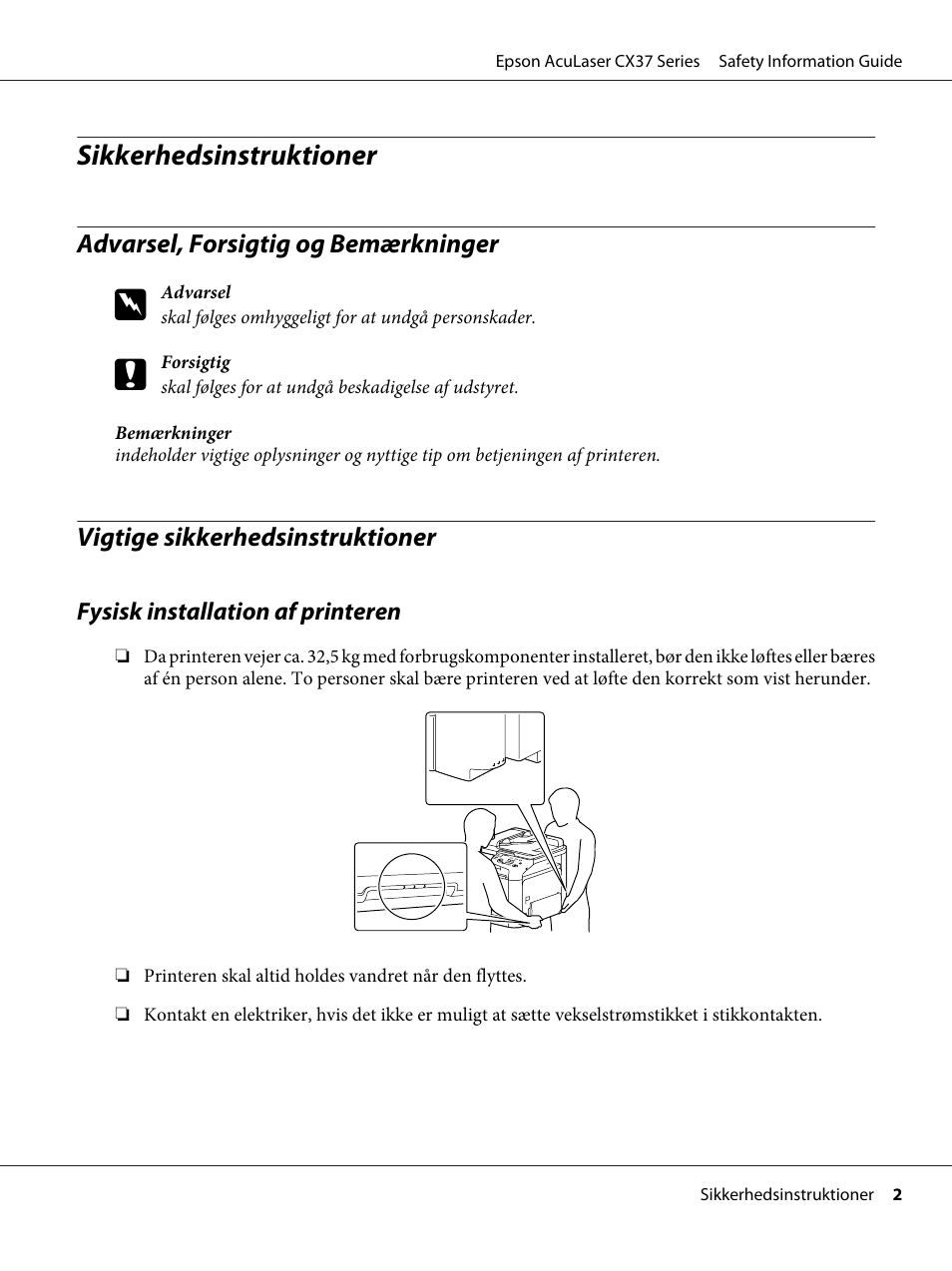 Dansk, Advarsel, forsigtig og bemærkninger, Vigtige sikkerhedsinstruktioner | Sikkerhedsinstruktioner | Epson AcuLaser CX37DNF User Manual | Page 64 / 225