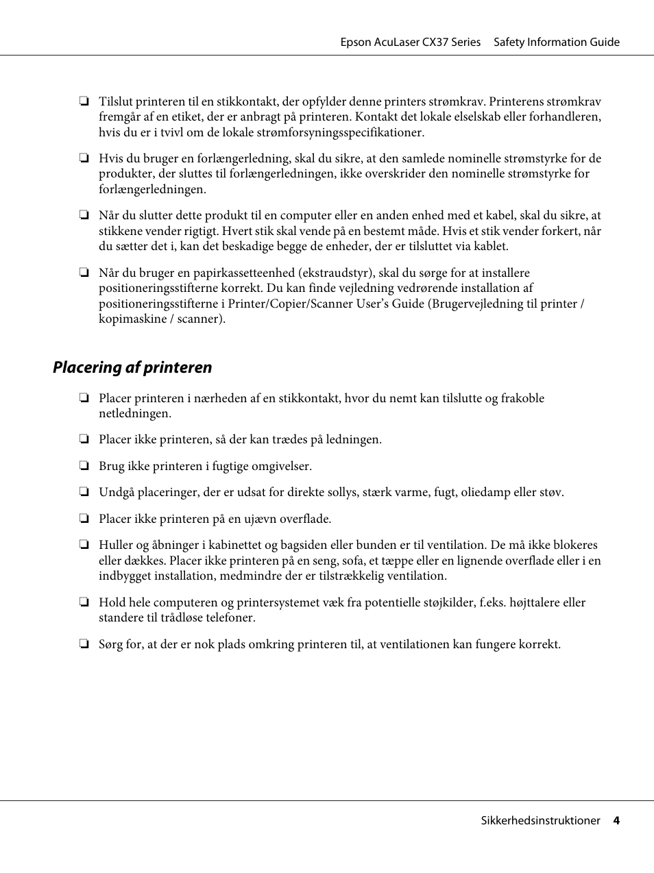 Placering af printeren | Epson AcuLaser CX37DNF User Manual | Page 66 / 225