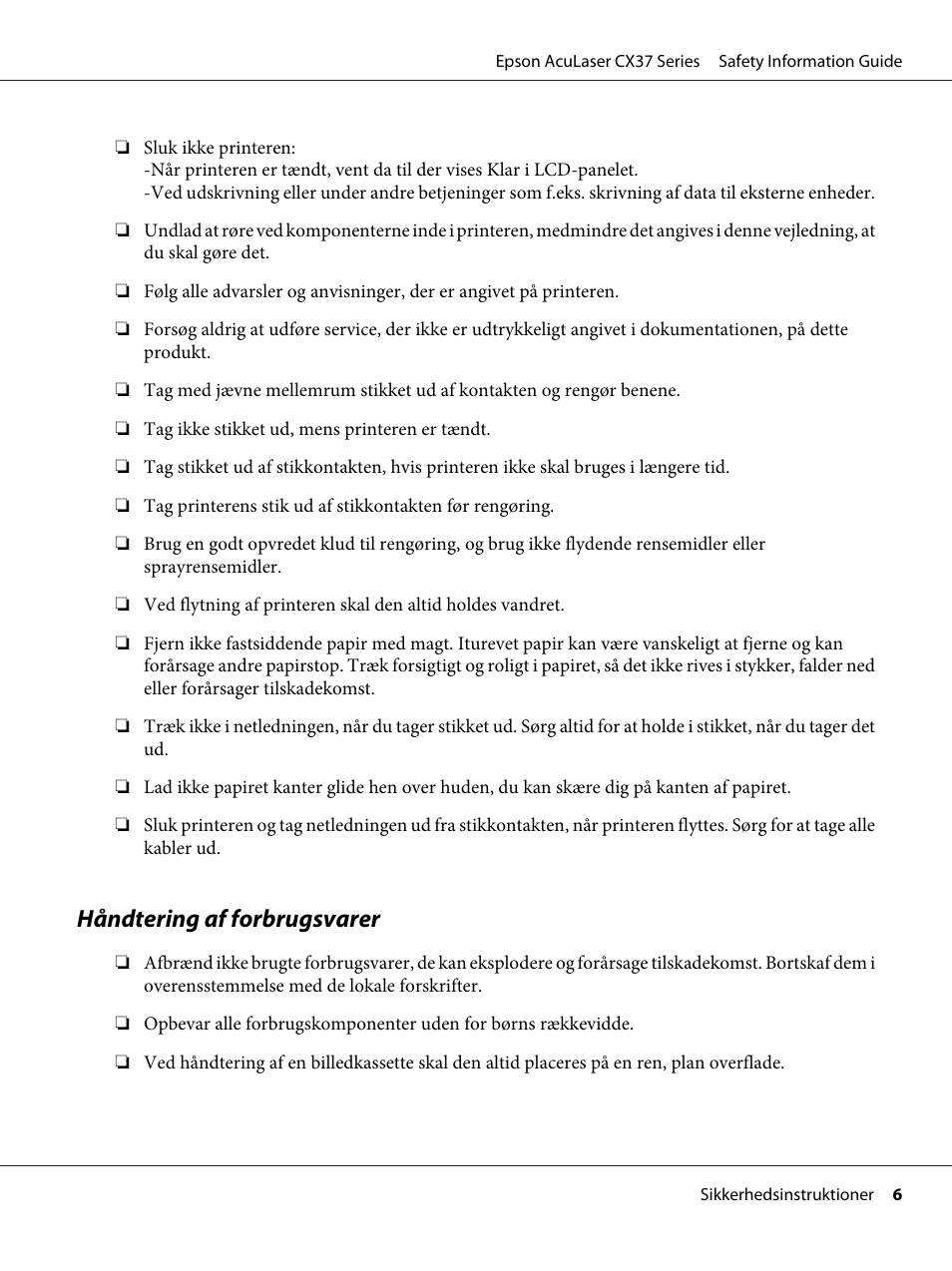 Håndtering af forbrugsvarer | Epson AcuLaser CX37DNF User Manual | Page 68 / 225