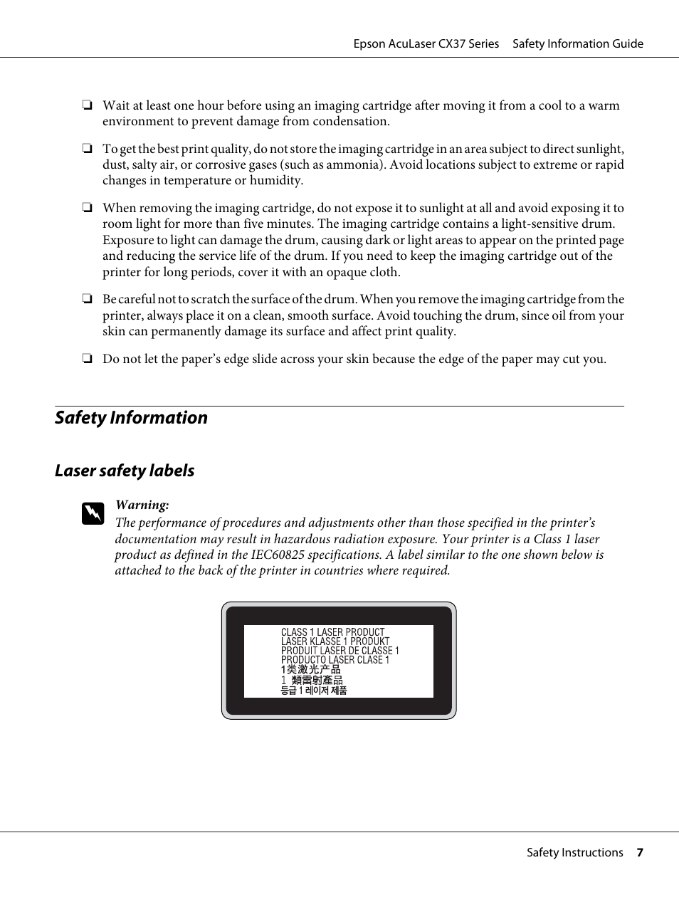 Safety information | Epson AcuLaser CX37DNF User Manual | Page 7 / 225